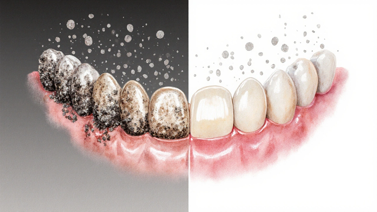 Porovnání zubů s kamenem a bez něj – tmavé skvrny a záněty versus čisté, bílé zuby.