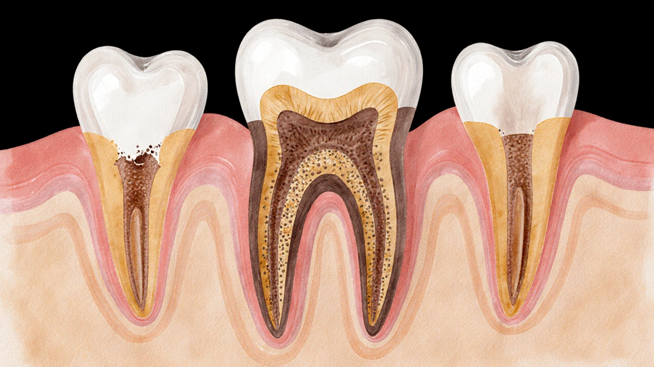 Přehled tří fází zubního kazu v řezu zubem