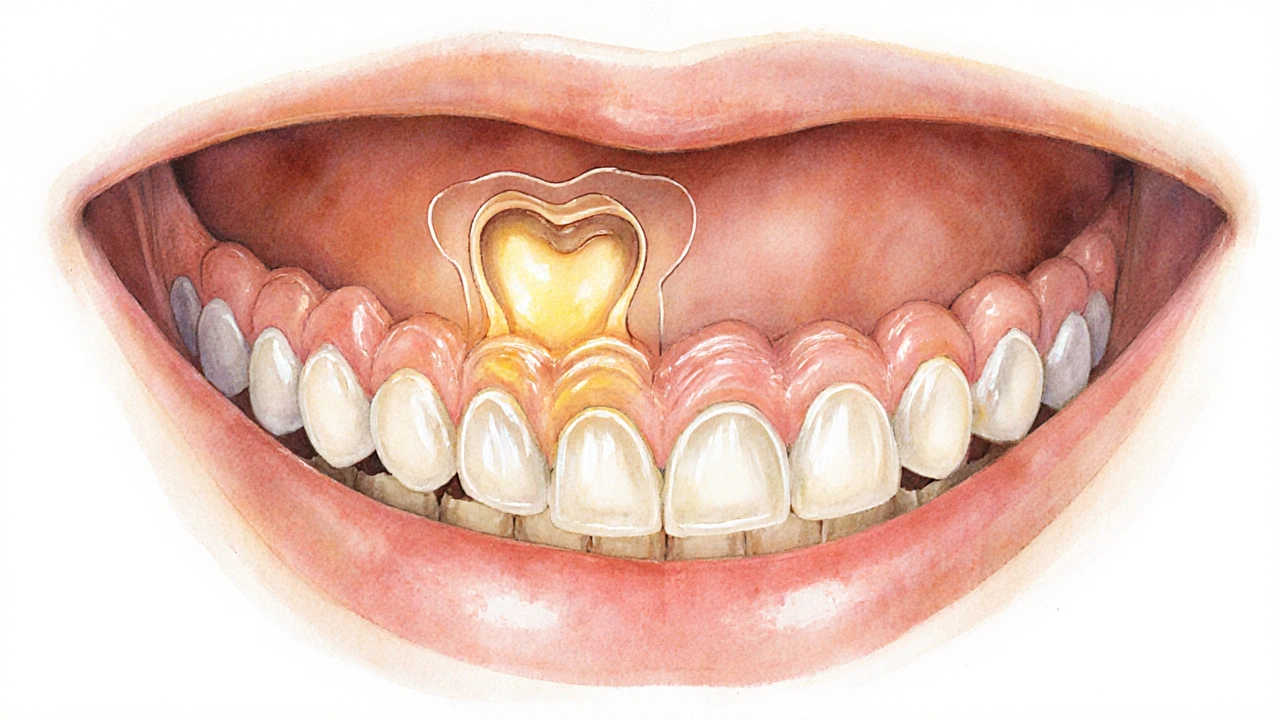 Přehled úst dítěte s vyrůstajícím trvalým zubem, který tlačí skrze dásň, vedle vypadlého mléčného zubu.