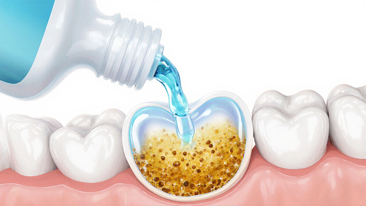 Přehled vnitřní struktury zubu s bělícím gelem ničícím skvrny.