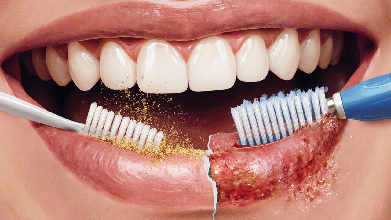 Přehled zubního biofilmu odstraňovaného jemnými štětci oproti poškozujícím běžným štětcům.