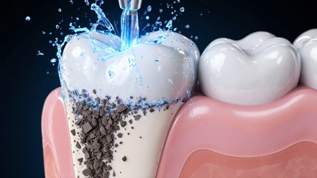 Přehled zubu s kamenem pod dásněmi, který se rozpadá pod vlivem ultrazvukových vln a vodního proudu.