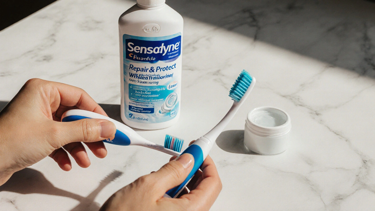 Příprava na denní hygenu zubů: zubní kartáček, pasta a bělící gel na kameni.