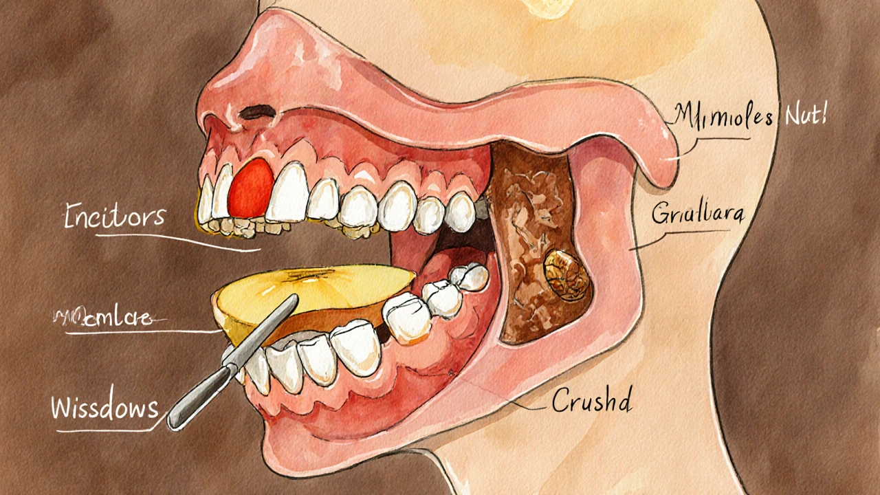 Profil čelisti s různými typy zubů, každý z nich provádí svou specifickou funkci při žvýkání potravy.