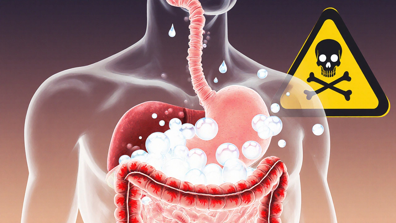 Průřez lidského trávicího traktu ukazující plynové bubliny způsobené peroxidem vodíku.