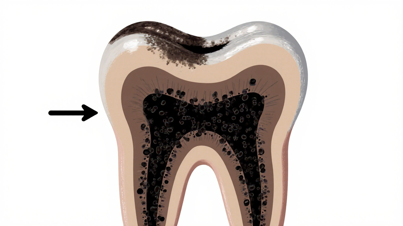Průřez zubem ukazující rozšíření kazu od povrchu do pulpy.