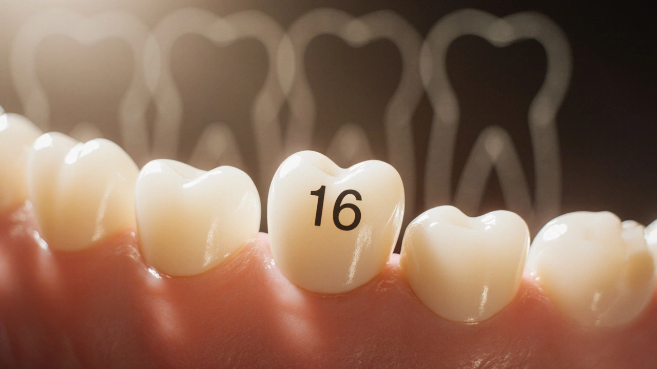 První trvalý molár vyrůstající u dítěte, zatímco mléčné zuby se vrací.