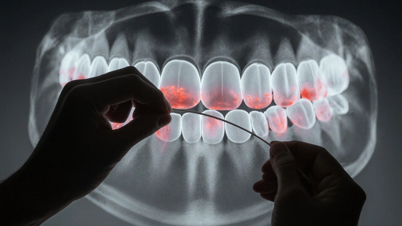 Rentgenový obraz skrytého kazu mezi zuby pod viditelnou plochou.