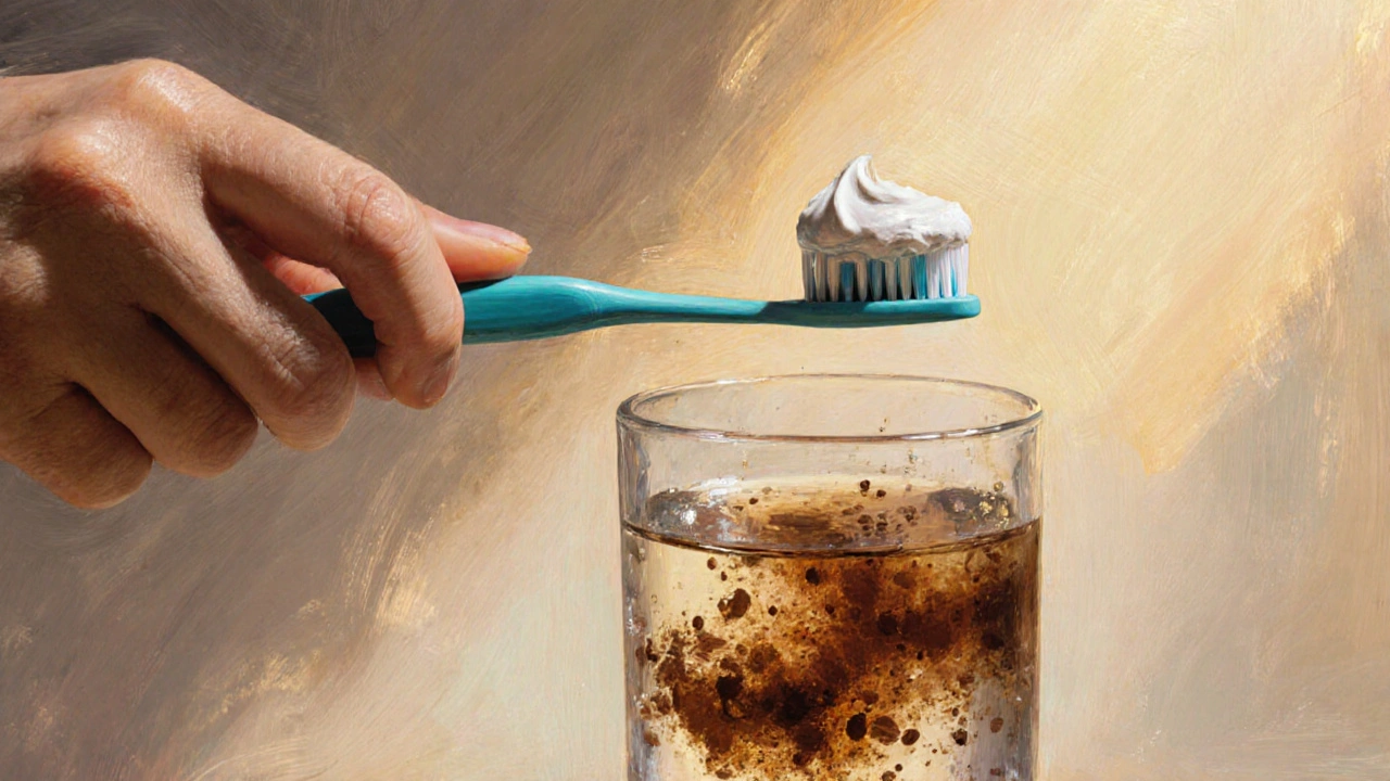 Ruka klade kartáček do vody, která se mění z hnědé na průhlednou, symbolizující odstranění skvrn.