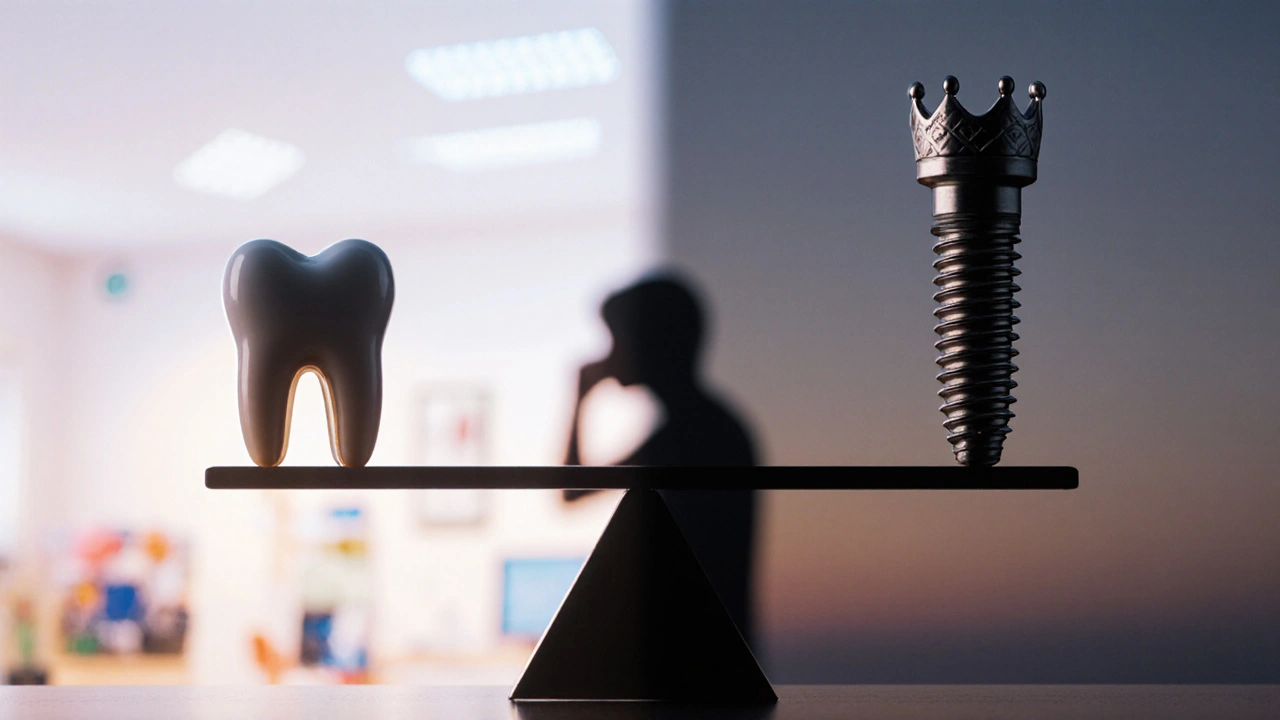 Scale balancing cheap filling versus expensive implant, symbolizing cost of delayed dental care.