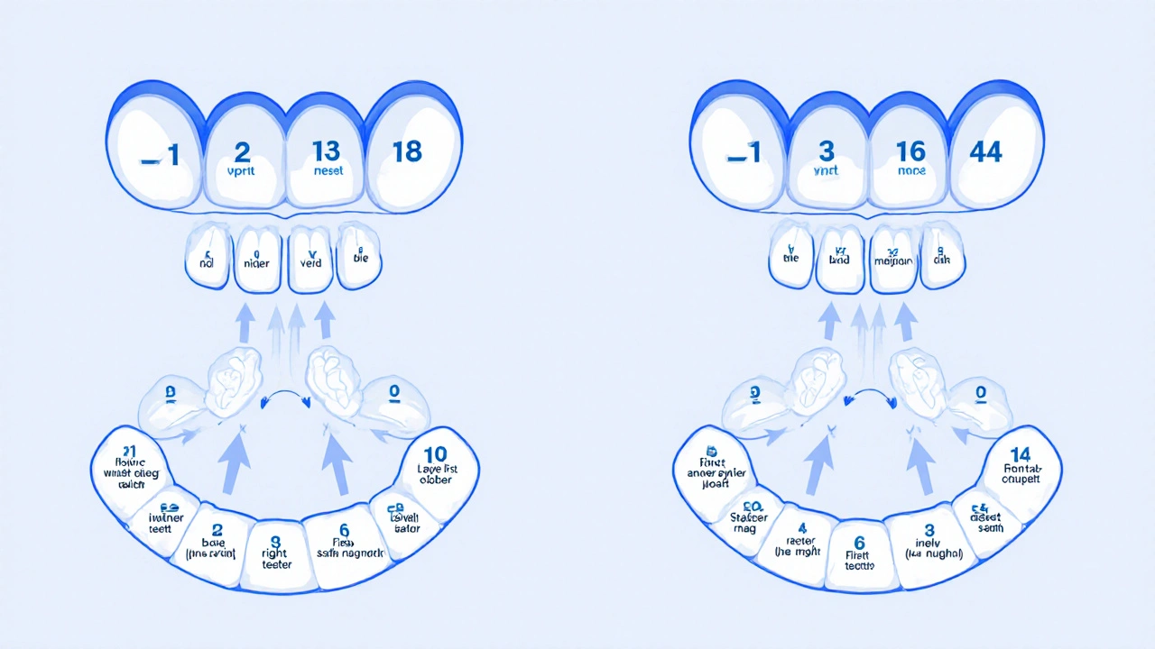 Schéma označování zubů podle FDI systému s čísly 11 až 48 ve čtyřech částech čelisti.