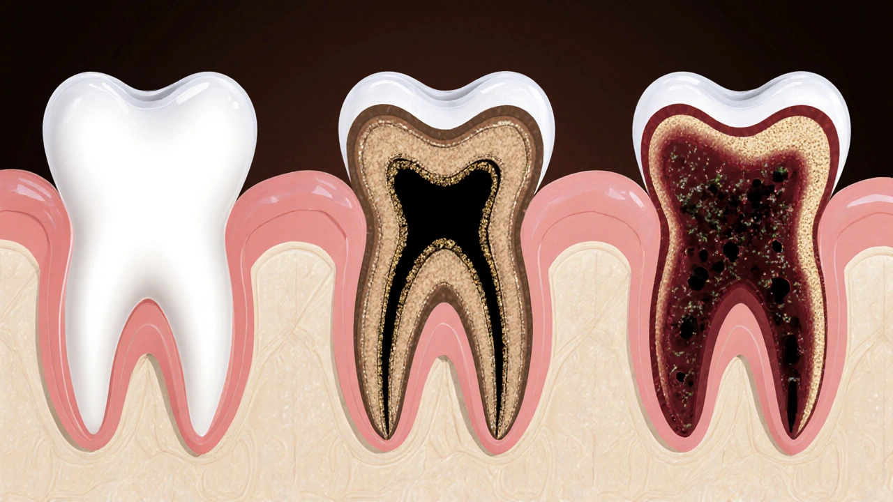 Tři fáze kazu: bílá, hnědá a černá díra v zubu.