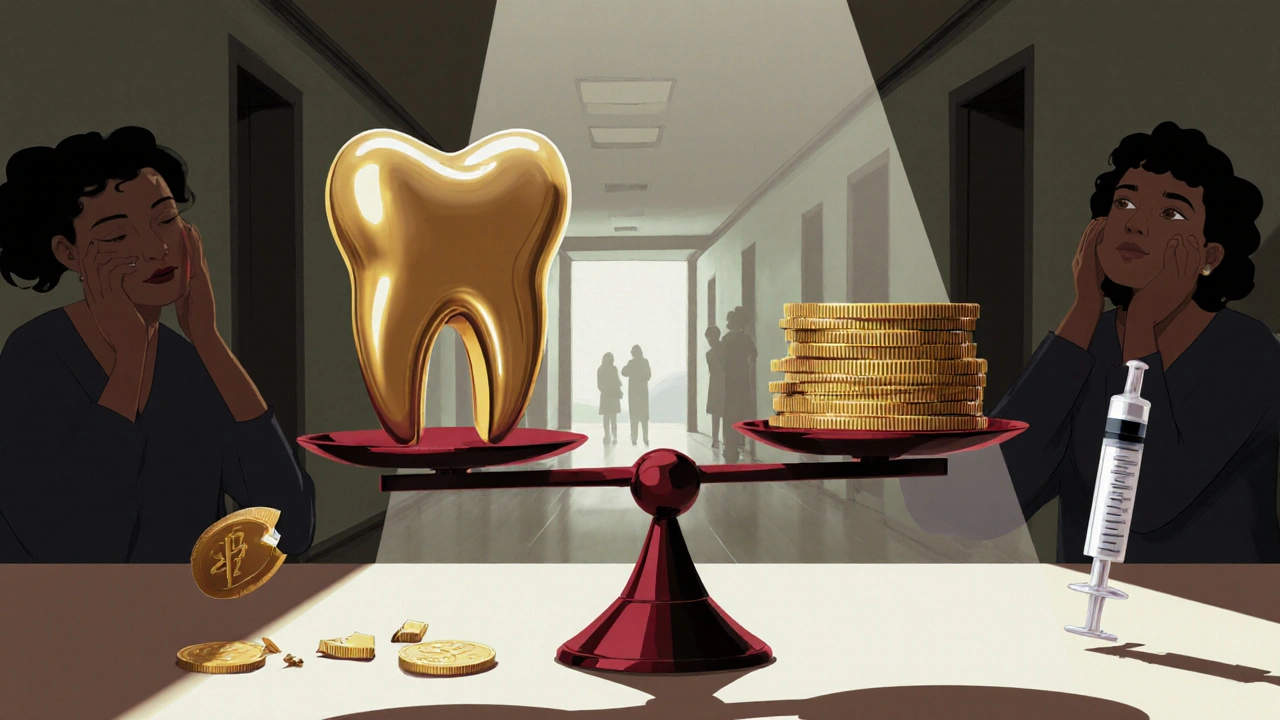 Váha s zlatým zubem a penězi, v pozadí postavy s bolestí zubu.