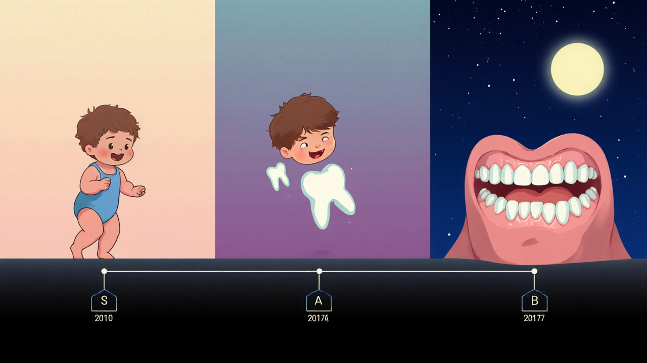 Vizualizace vývoje zubů od mléčných přes výměnu až k trvalým zubům v rámci časové osy.