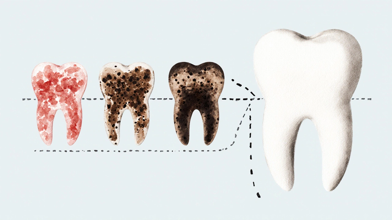Vizuální časová osa vzniku a odstranění černého zubního kamene.