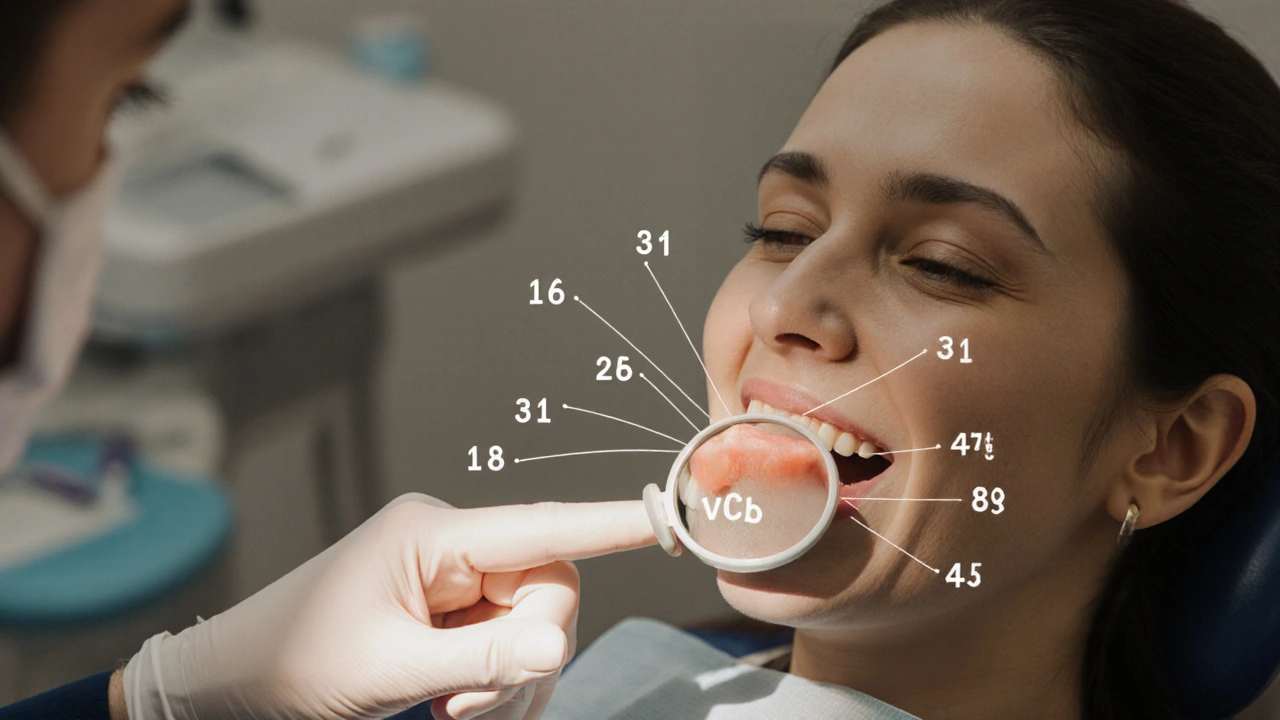 Zdravotník vysvětluje pacientovi názvy zubů pomocí zubního zrcátka v klinickém prostředí.