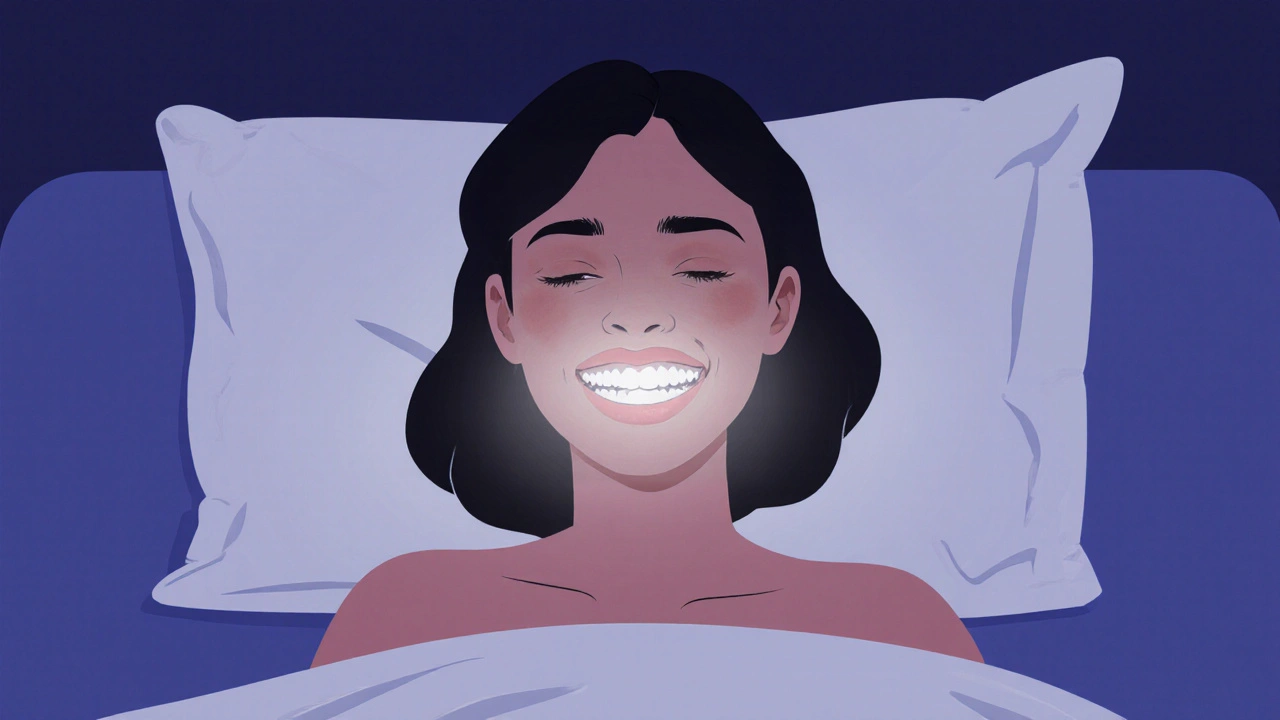 Žena spí s individuálním nočním štítem chránícím její zuby před bruxismem.