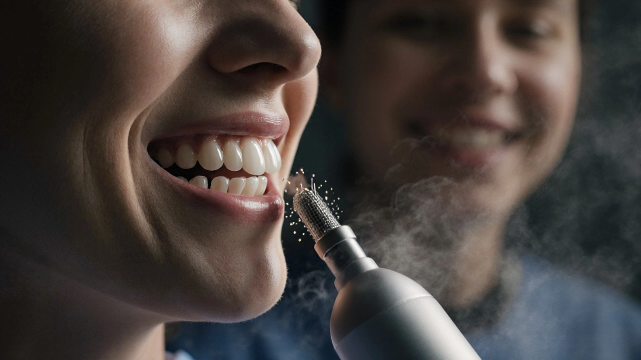 Zubní hygienička odstraňuje kámen pod dásní ultrazvukem