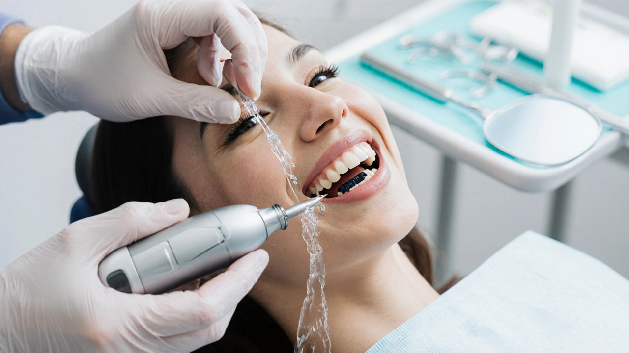 Zubní lékař odstraňuje černý zubní kámen ultrazvukovým skrabákem v klinice.