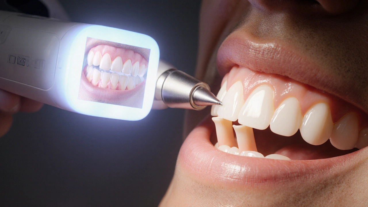 Zubní lékař připevňuje keramickou fazetu na připravený zub v klinice.