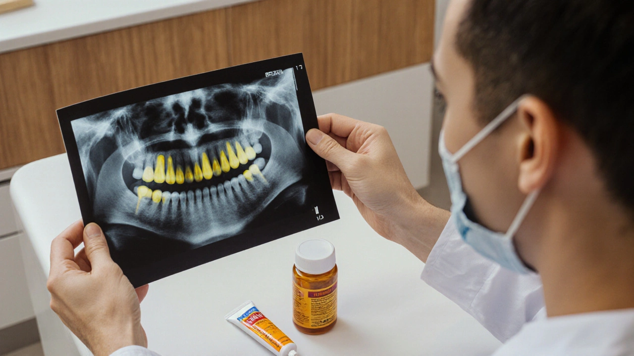 Zubní lékař ukazuje na rentgen s žlutým zbarvením zubů.
