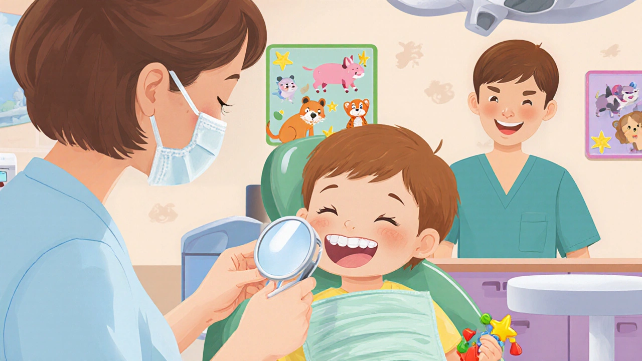 Zubní lékař vyšetřuje dítě v zubní klinice, dítě drží hračku, rodič se usmívá z pozadí.