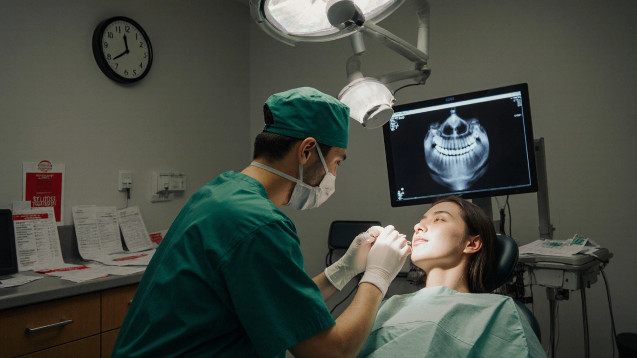 Zubní lékař vyšetřuje pacienta v noci, na monitoru je rentgen zubu.