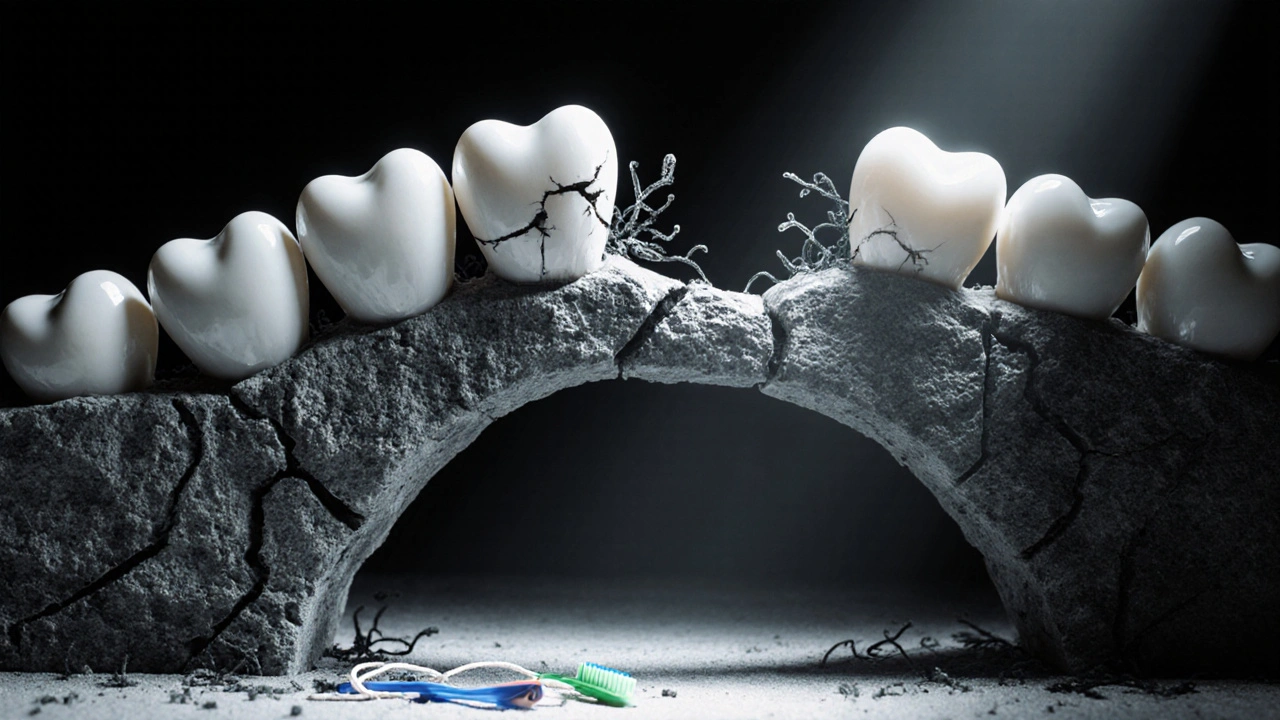 Zubní oblouk jako most s pokulhávajícím pilířem, kde chybí stolička a šíří se poškození.