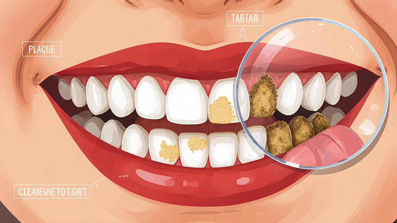 Zvětšený pohled na dětské zuby s plakem a zubním kamenem na hraně dásní, s červenými, zánětlivými oblastmi.