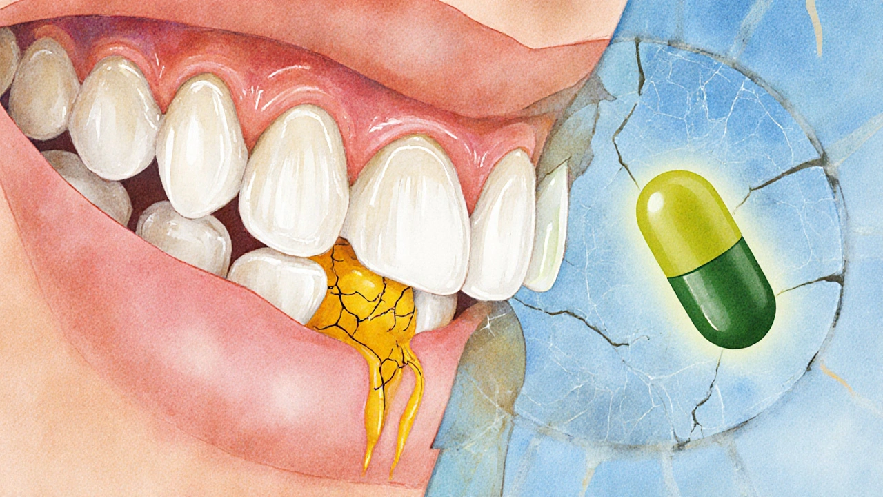 Zvětšený pohled na zubní email s vloženým žlutým barvivem z kurkuminu.