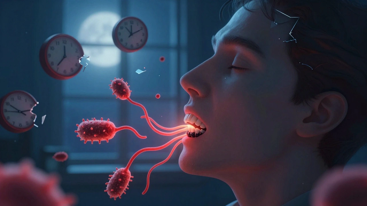 Bakterie z kamenů ruší spánek, znázorněno jako zářící vlákna v krku