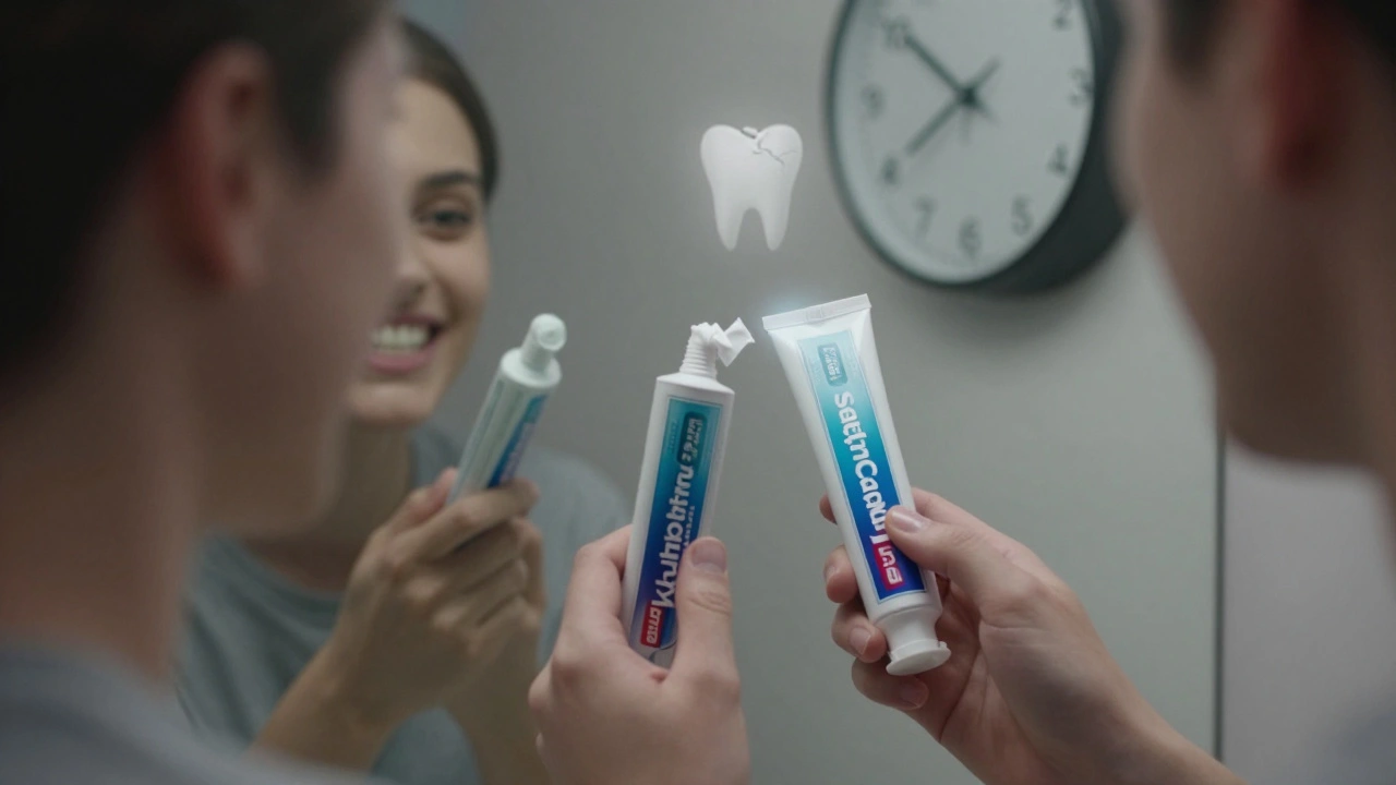 Člověk před zrcadlem drží dvě zubní pasty, v odrazu jeho zuby jsou jemně bělejší.