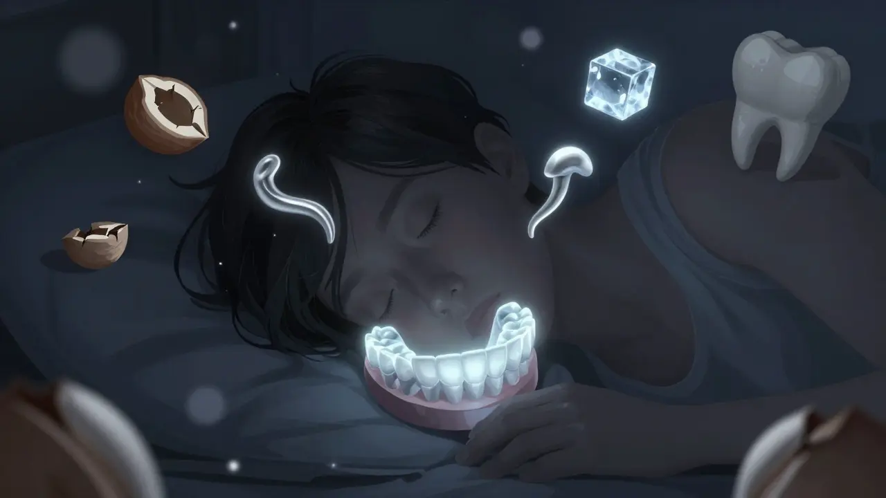 Člověk spí s ochranným zubním štítem, kolem něj plavou nebezpečné předměty.