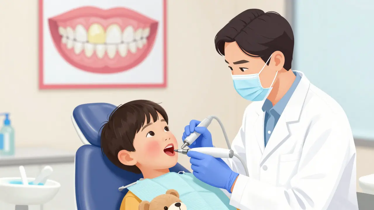 Dětský zubař odstraňuje povrchové skvrny z dětských zubů jemným nástrojem.