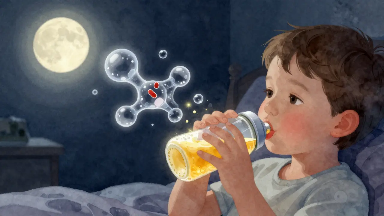 Dítě pije sladký nápoj z lahve v noci, žluté skvrny se objevují na zubech.