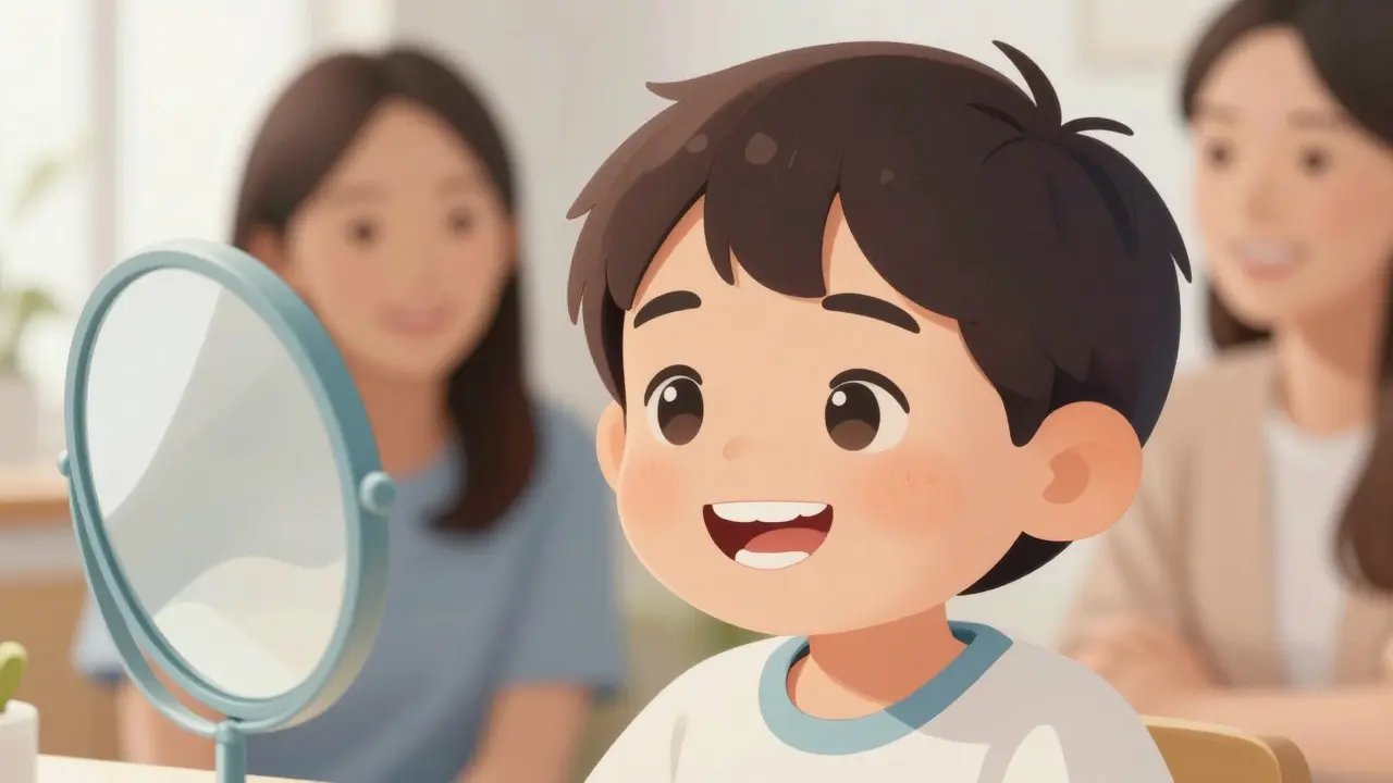 Dítě se dívá do zrcadla, kde je vidět nový trvalý zub rostoucí pod mléčným, který právě vypadl.