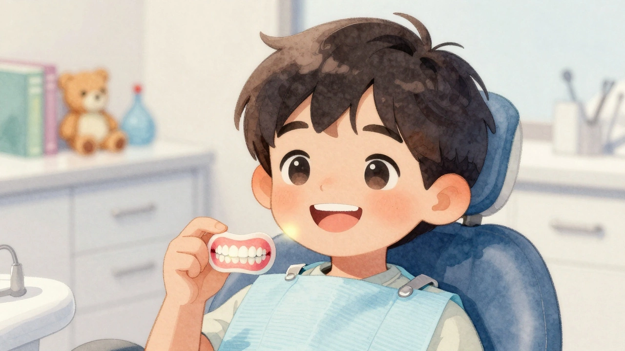 Dítě se usmívá po návštěvě zubaře s hračkou v ruce.