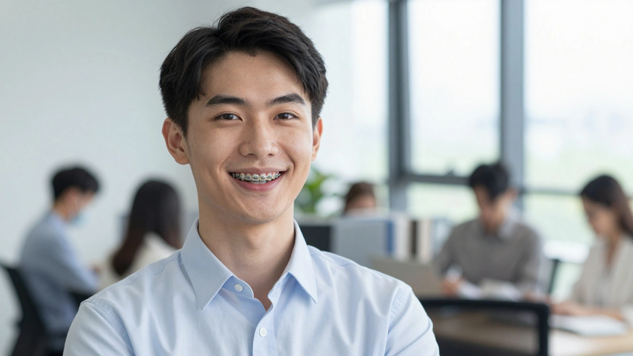 Dospělý muž se širokým úsměvem, jemně viditelná ortodontická rovnátka na zubech.