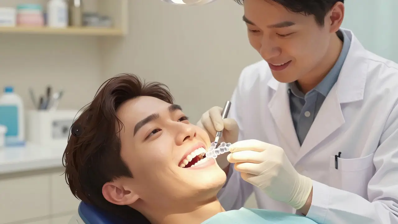 Dospělý v zubní klinice s průhlednými rovnátky na zubech.