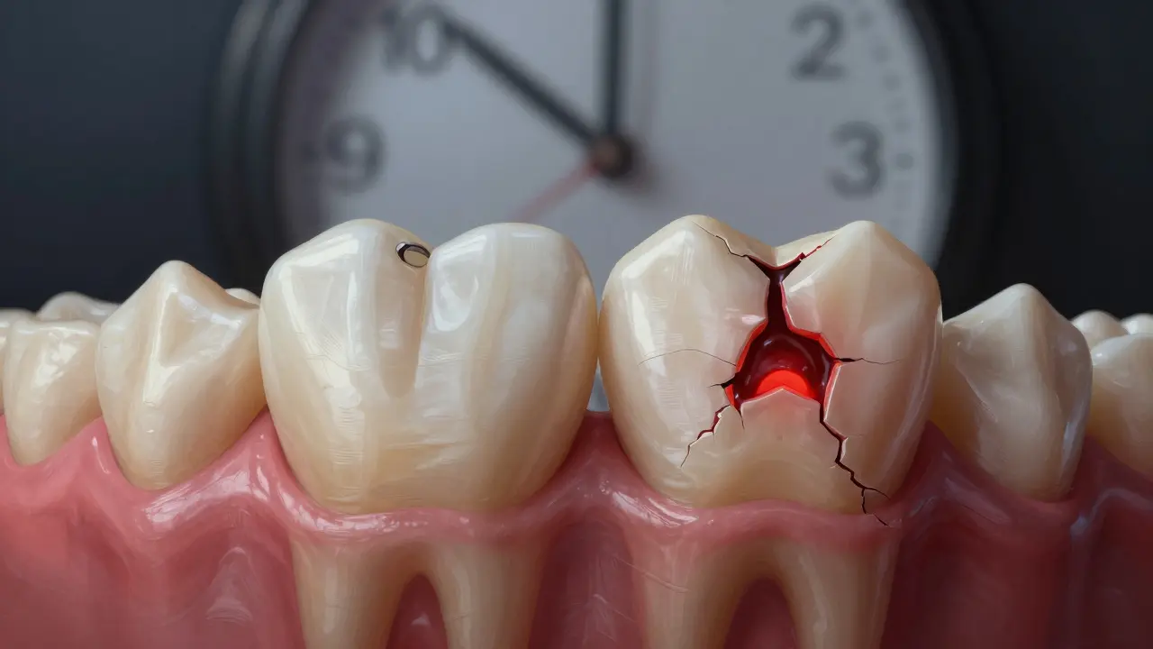 Dva přední zuby vedle sebe: jeden s plombou, druhý s infekcí a hnisem, znázorňující rozdíl mezi kazu a zánětem.