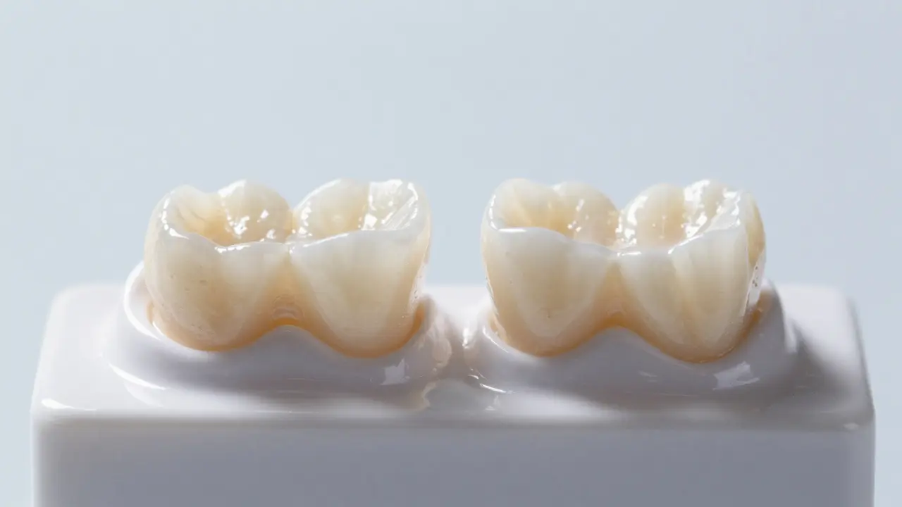 Dvě keramické zubní náhrady vedle sebe: jedna pro přední zuby, druhá pro žvýkací.