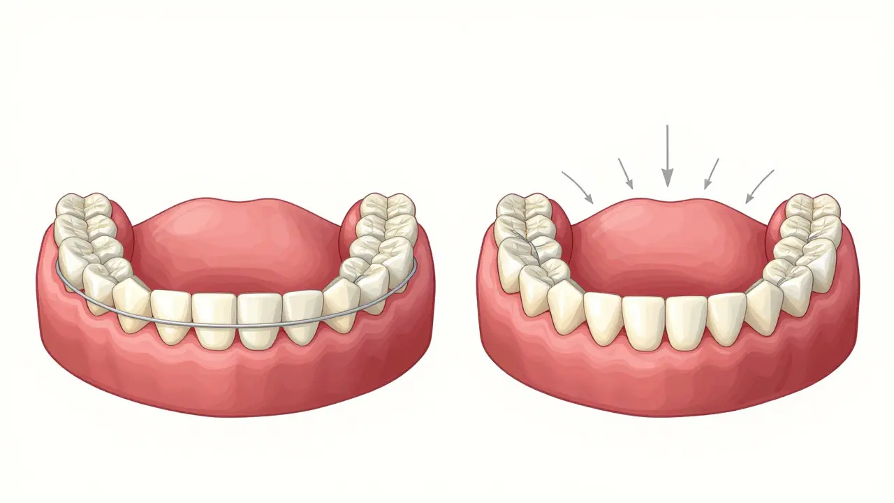 Dvě srovnávací obrazovky zubních oblouků: jeden rovný s retencí, druhý posunutý bez ní.