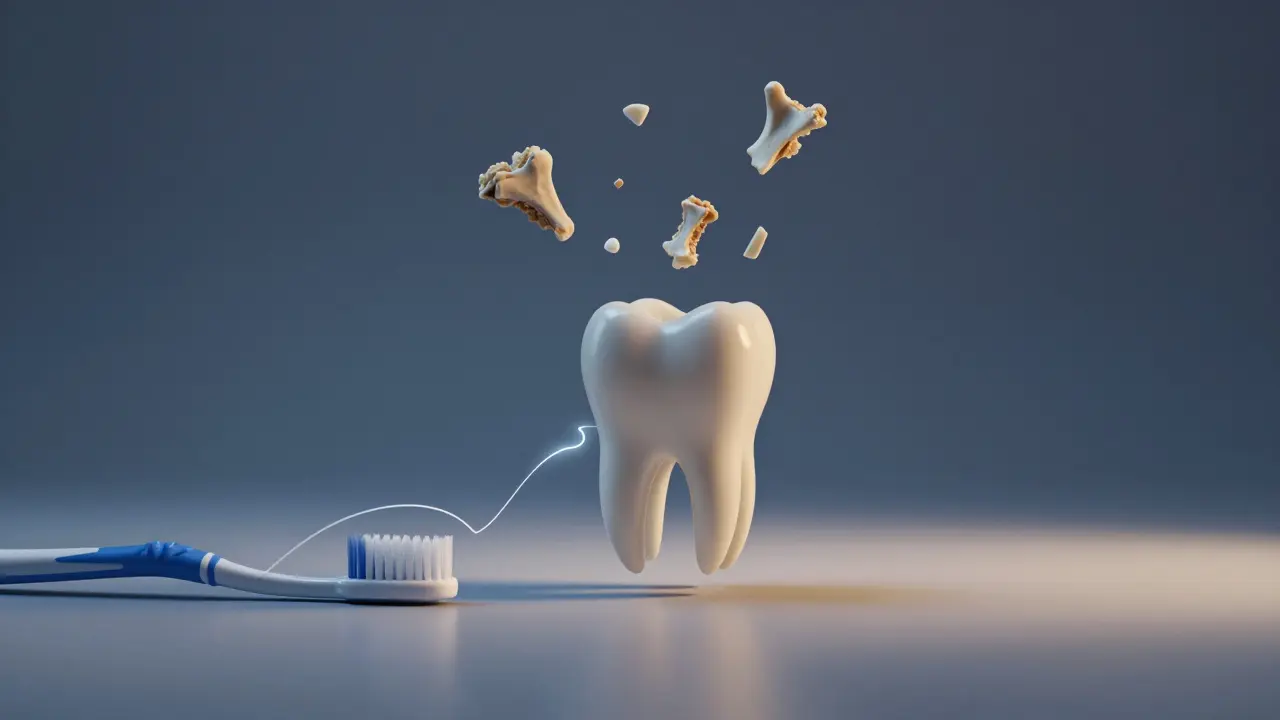 Jeden zub ve vzduchu s kousky kosti a plakem, s kartáčkem a niti na pozadí.