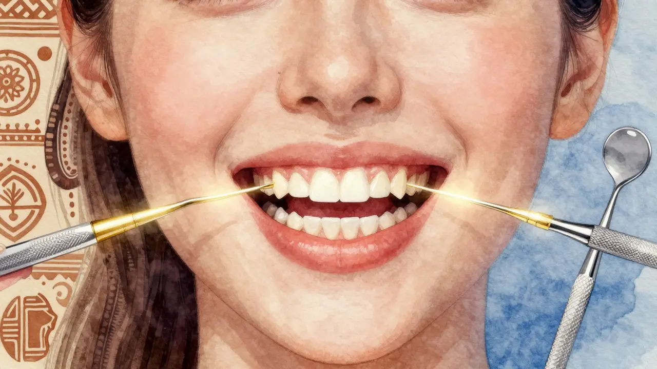 Konceptuální obraz lidského obličeje s zlatým mostem mezi zuby.