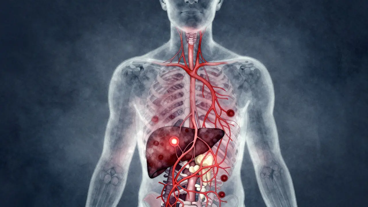 Lidský silueta s červenými cestami infekce šířící se z zubu do břicha.
