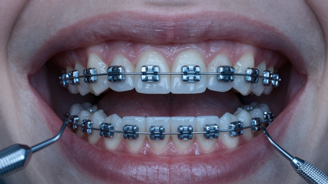 Lingulární rovnátka přilepená na vnitřní straně zubů, viditelná zevnitř úst.