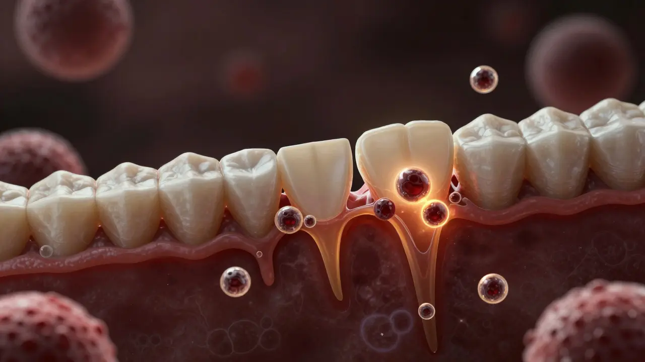 Mikroskopický pohled na bakteriální biofilm ničící sklovinu zubu.