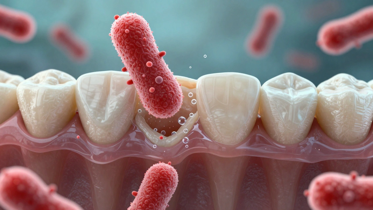 Mikroskopický pohled na bakterie a kyselinu ničící sklovinu zubu, slina opravuje povrch.