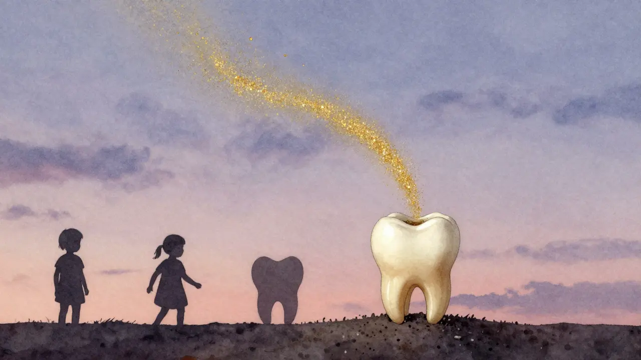 Mléčný zub se mění v zlatý prach, který se vznáší k rostoucímu trvalému zubu, symbolizující přirozenou výměnu.