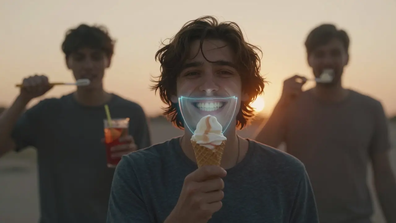 Osoba se směje, když jí zmrzlinu, s ochranným štítem kolem zubů.